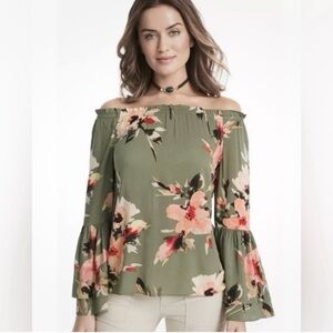 WHBM Arya off shoulder military green peach floral bell sleeve blouse size S